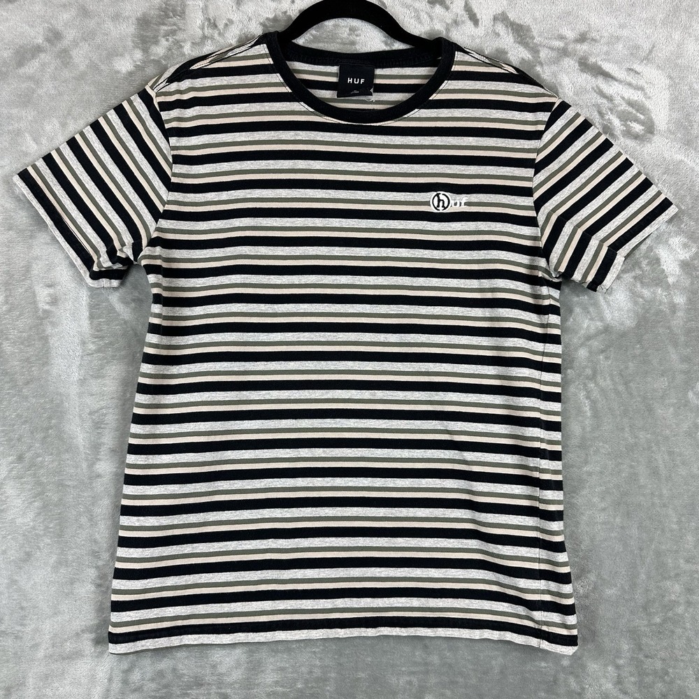 HUF Webster T-Shirt Men's S Olive Green Gray Black Tan Stripe Logo